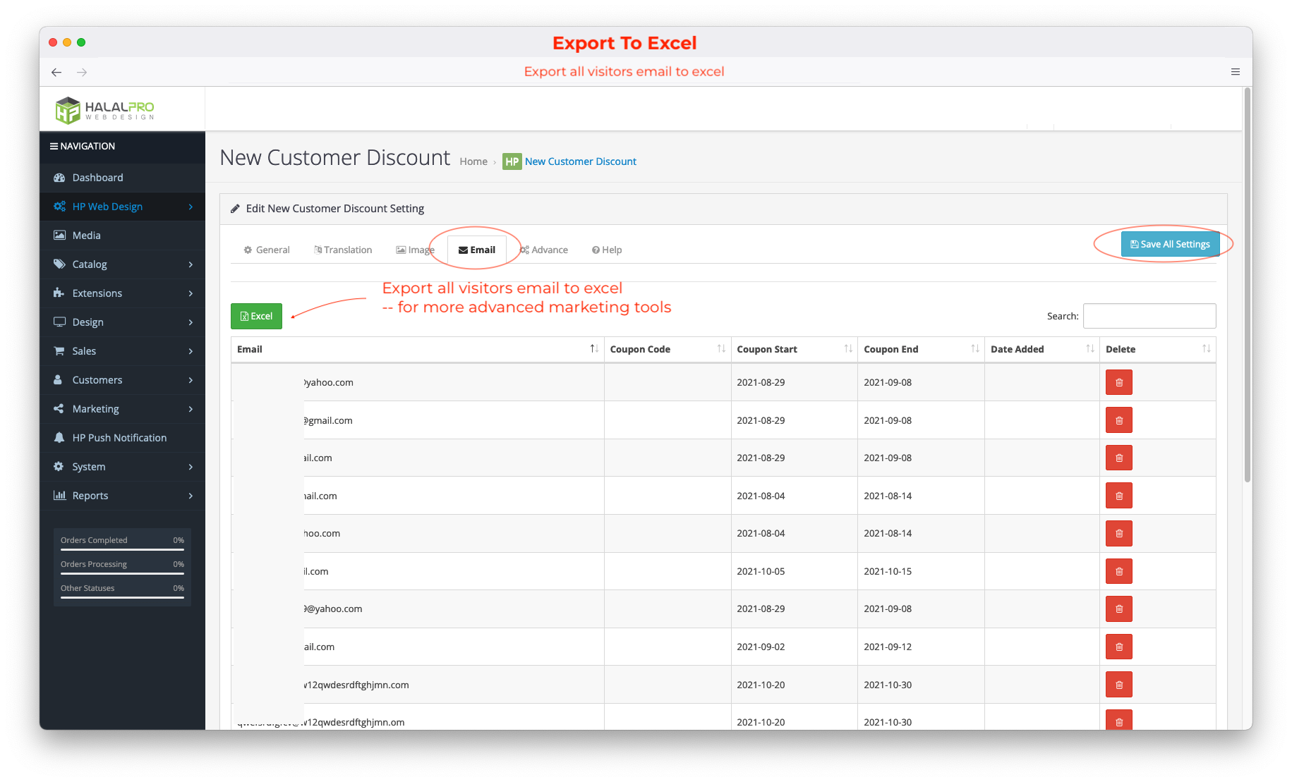 export visitor emails to excel